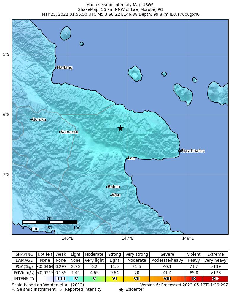 USGS ShakeMap intensity contours for the M5.3 earthquake near 56 km NNW of Lae, Papua New Guinea