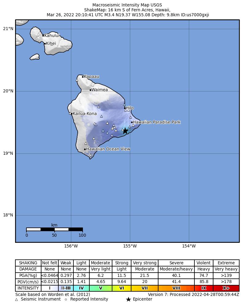 USGS ShakeMap intensity contours for the M3.3 earthquake near Island of Hawaii, Hawaii