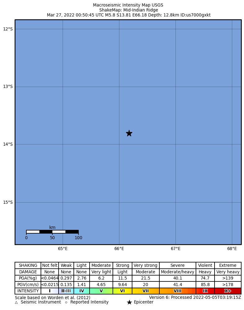 USGS ShakeMap intensity contours for the M5.8 earthquake near Mid-Indian Ridge