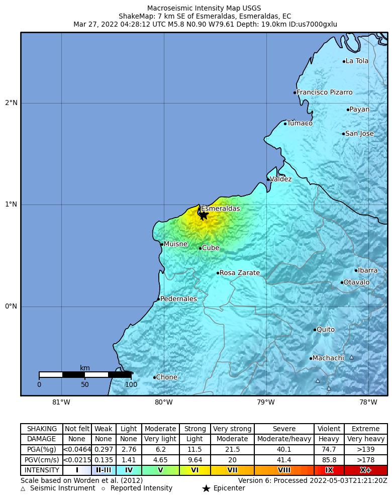 USGS ShakeMap intensity contours for the M5.8 earthquake near 7 km SE of Esmeraldas, Ecuador