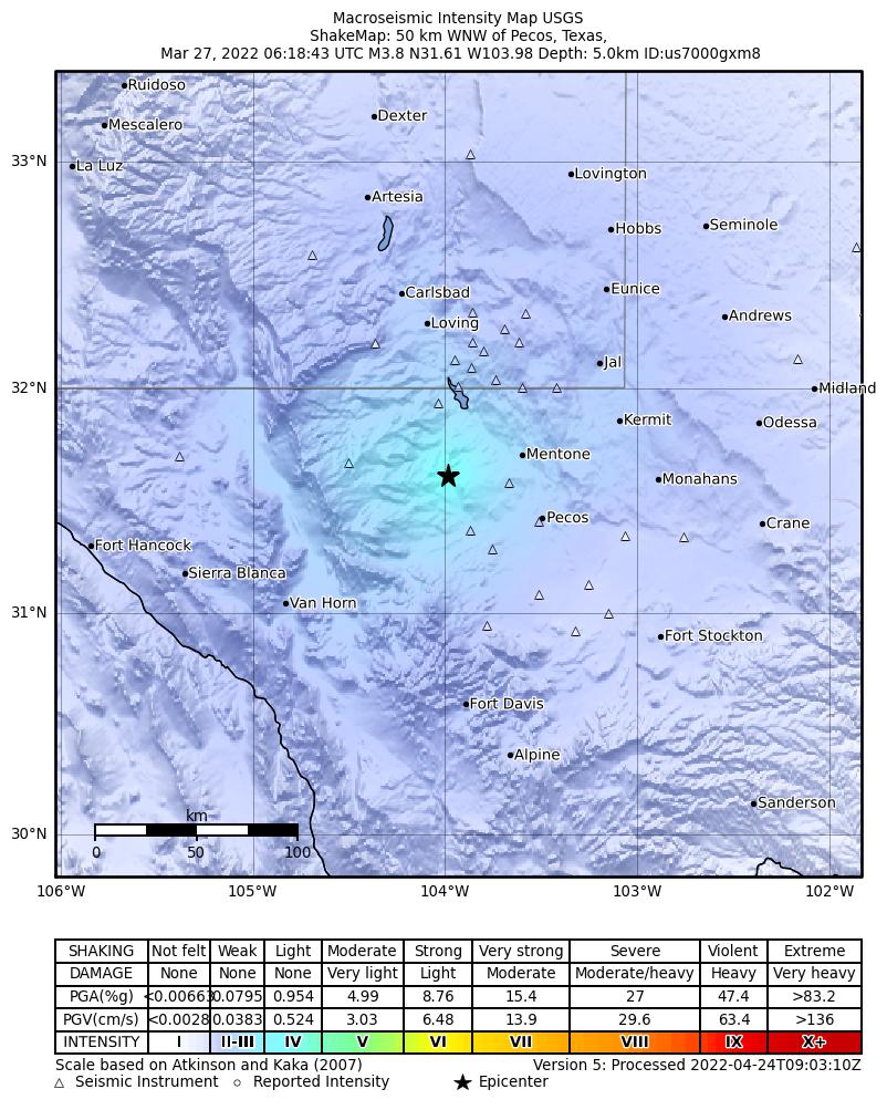 USGS ShakeMap: estimated shaking intensity around the epicenter
