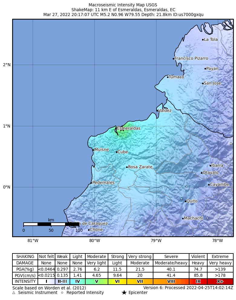 USGS ShakeMap intensity contours for the M5.2 earthquake near 11 km E of Esmeraldas, Ecuador