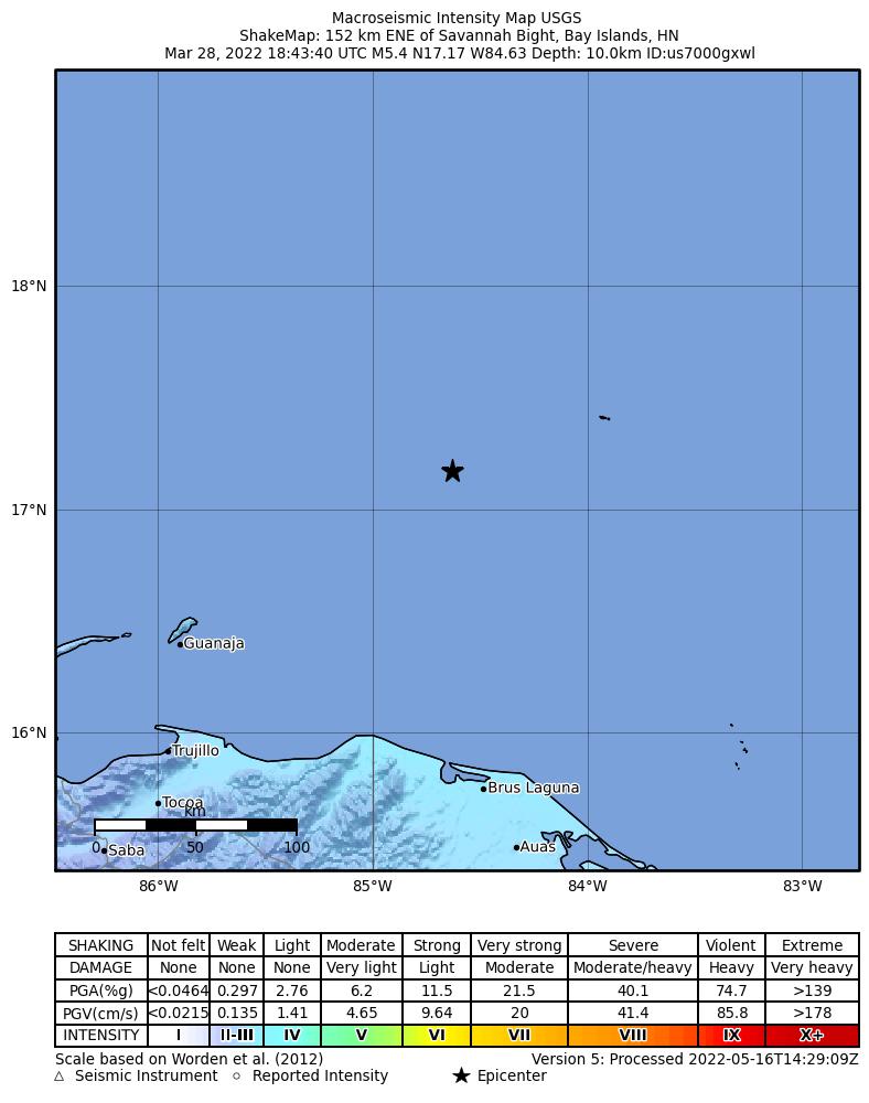 USGS ShakeMap intensity contours for the M5.4 earthquake near 152 km ENE of Savannah Bight, Honduras