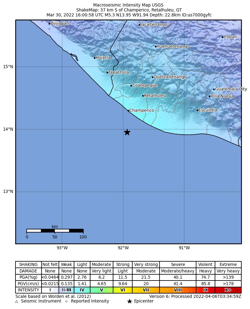 USGS ShakeMap intensity contours for the M5.3 earthquake near 37 km S of Champerico, Guatemala