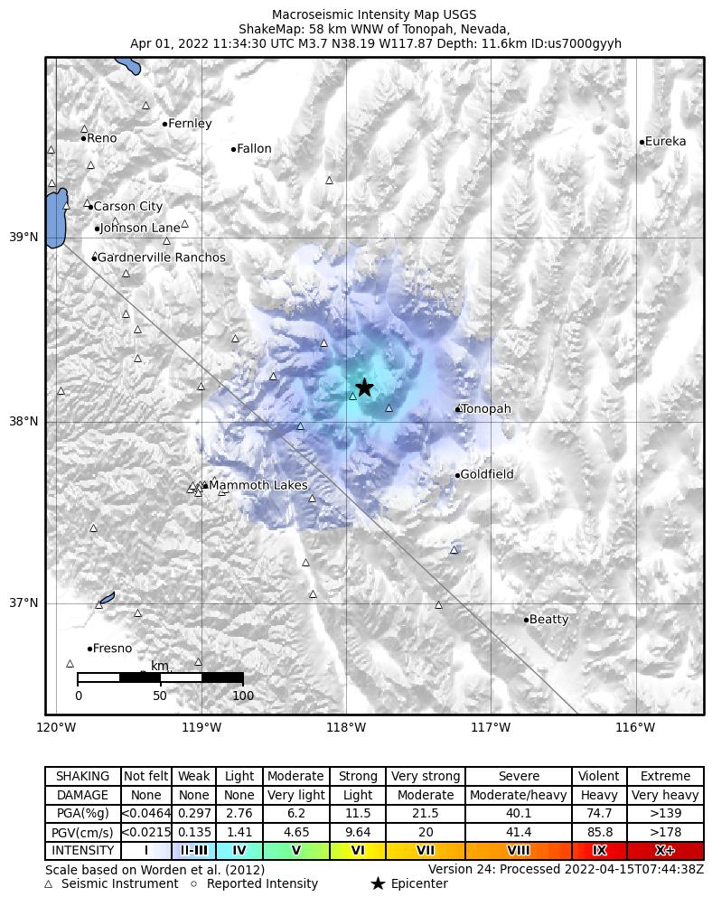USGS ShakeMap: estimated shaking intensity around the epicenter