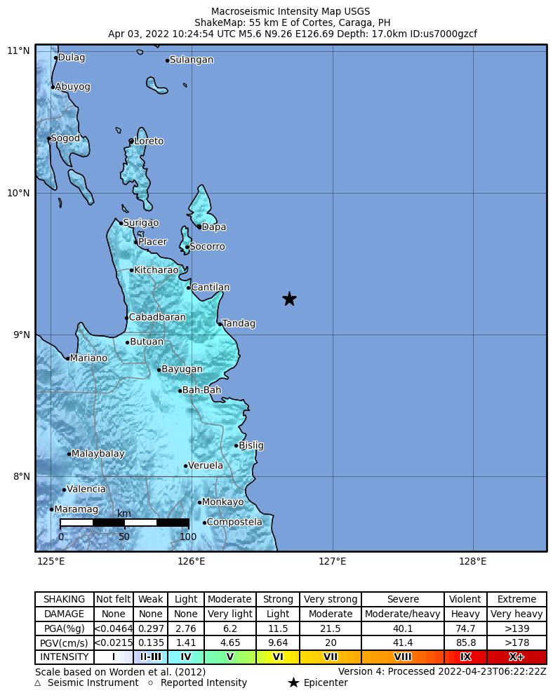 USGS ShakeMap intensity contours for the M5.6 earthquake near 55 km E of Cortes, Philippines