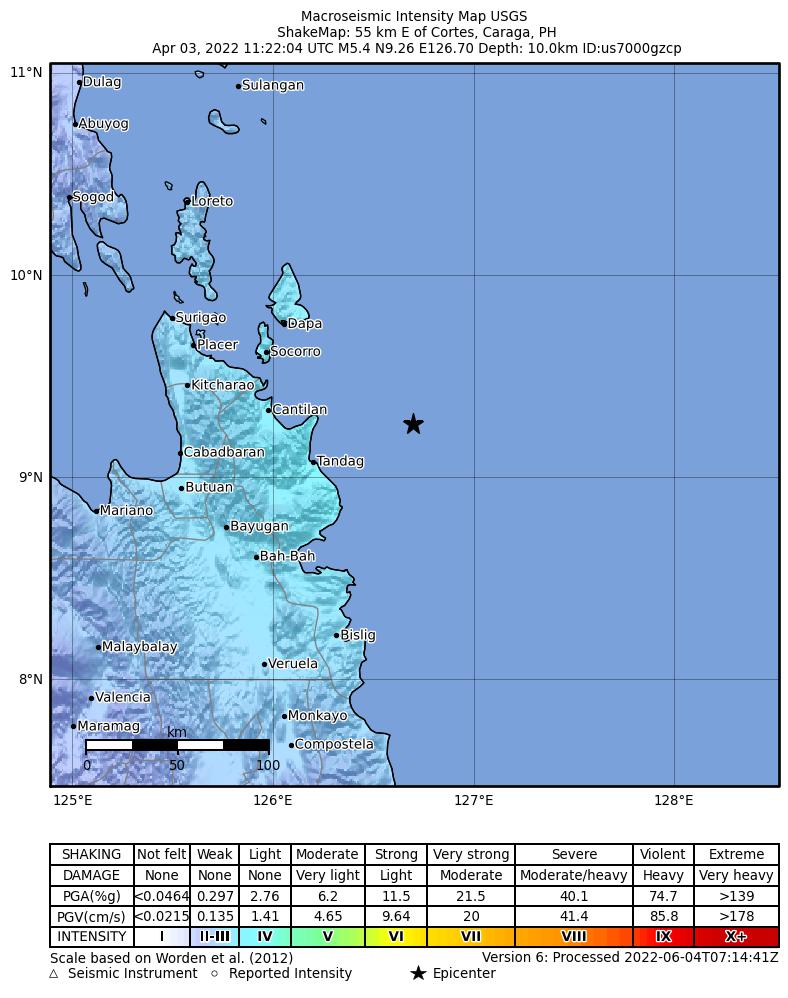 USGS ShakeMap intensity contours for the M5.4 earthquake near 55 km E of Cortes, Philippines