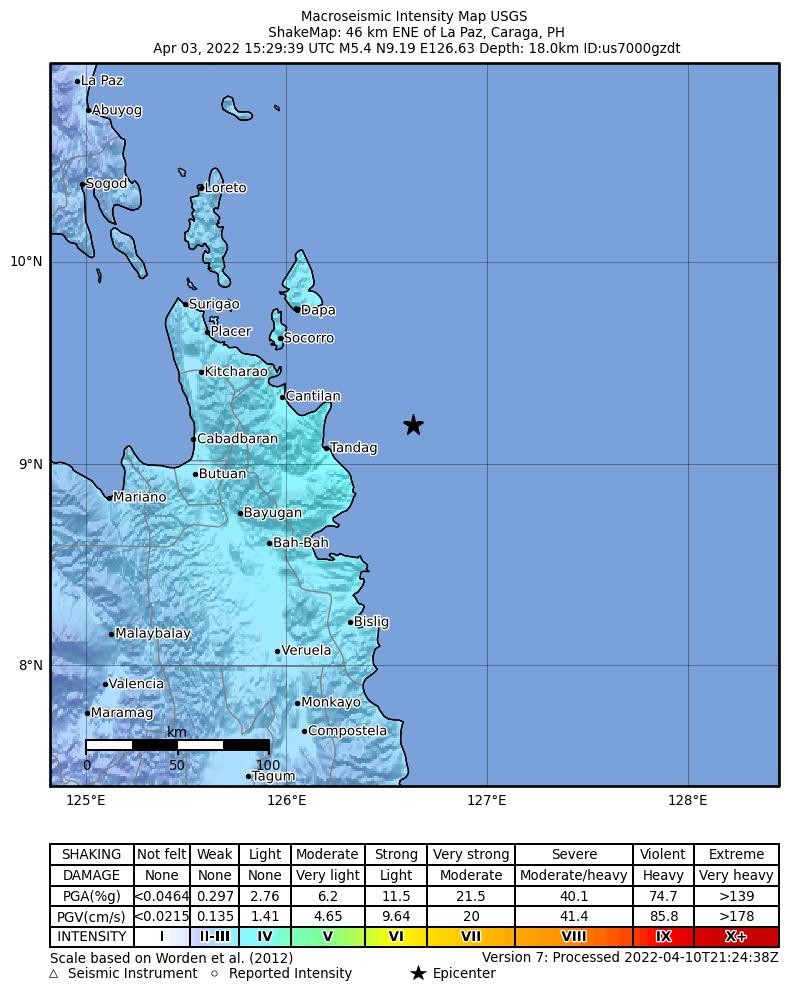 USGS ShakeMap intensity contours for the M5.4 earthquake near 46 km ENE of La Paz, Philippines