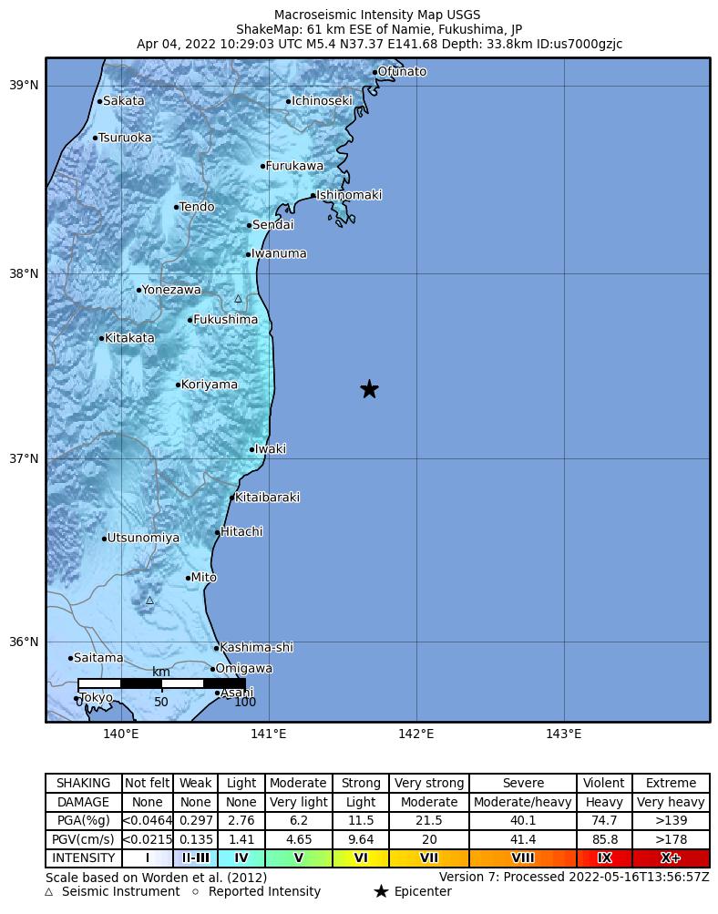 USGS ShakeMap intensity contours for the M5.4 earthquake near 61 km ESE of Namie, Japan