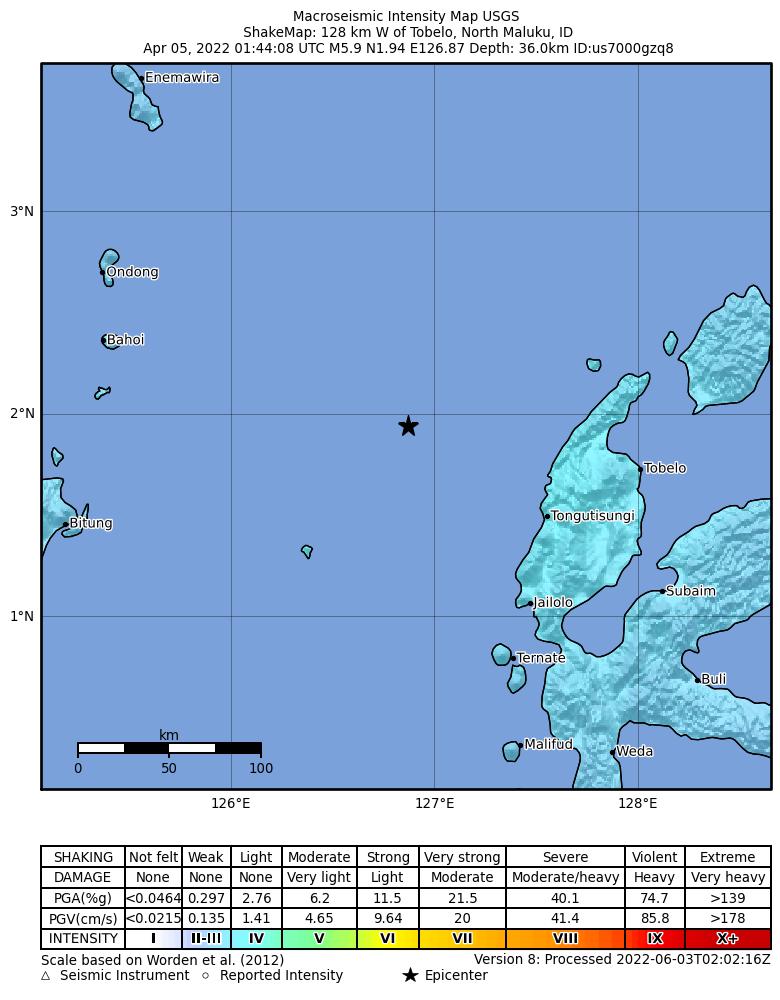 USGS ShakeMap intensity contours for the M5.9 earthquake near 128 km W of Tobelo, Indonesia