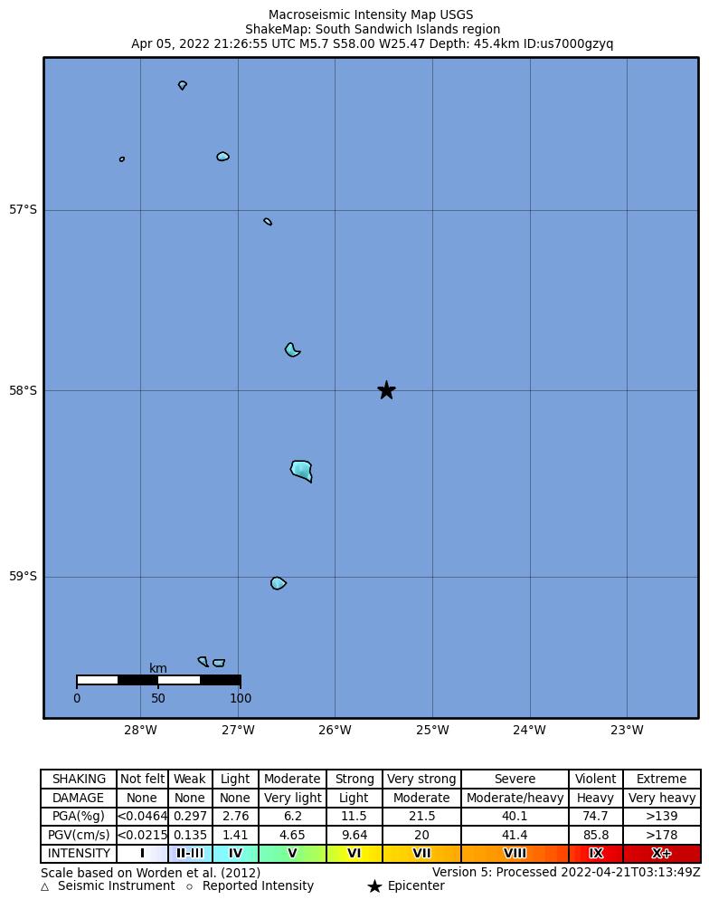 USGS ShakeMap intensity contours for the M5.7 earthquake near South Sandwich Islands region