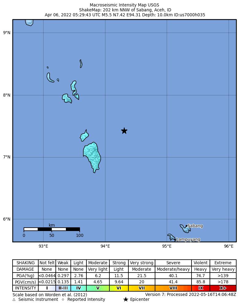 USGS ShakeMap intensity contours for the M5.5 earthquake near 202 km NNW of Sabang, Indonesia