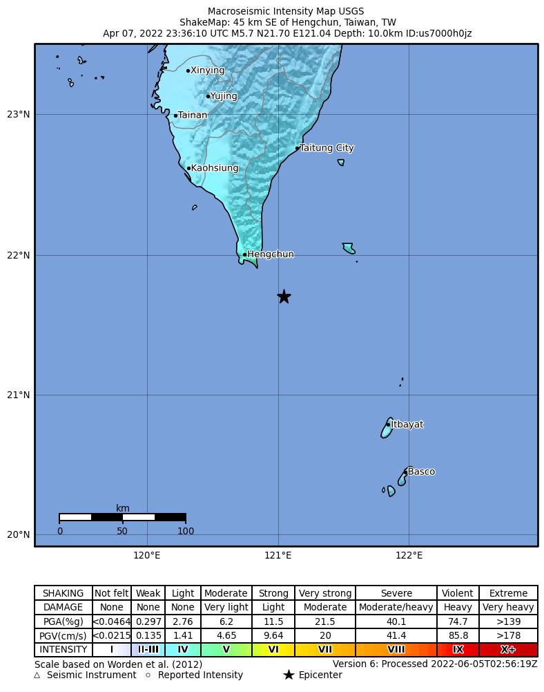 USGS ShakeMap intensity contours for the M5.7 earthquake near 45 km SE of Hengchun, Taiwan