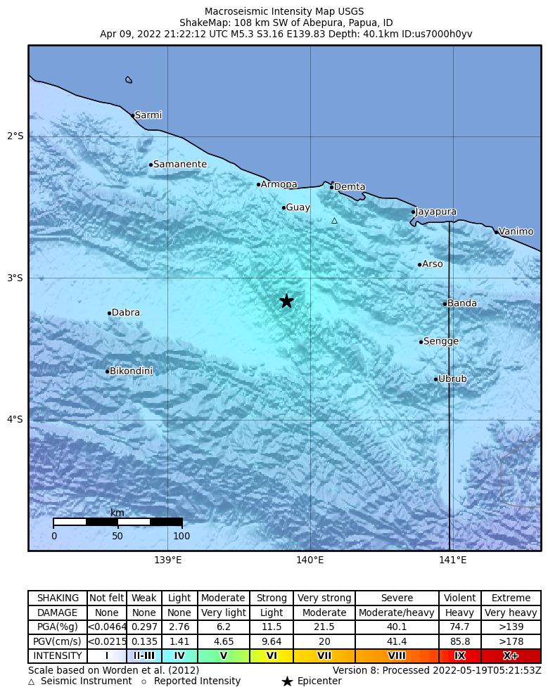 USGS ShakeMap intensity contours for the M5.3 earthquake near 108 km SW of Abepura, Indonesia