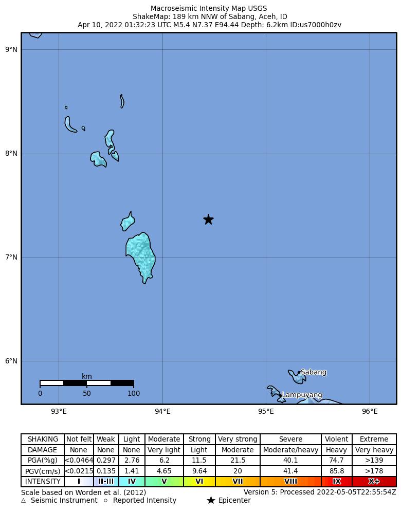 USGS ShakeMap intensity contours for the M5.4 earthquake near 189 km NNW of Sabang, Indonesia