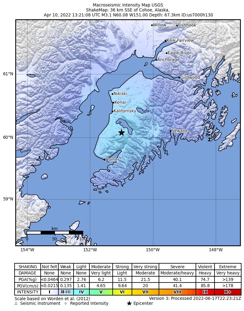 USGS ShakeMap: estimated shaking intensity around the epicenter