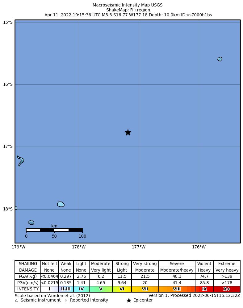 USGS ShakeMap intensity contours for the M5.5 earthquake near 290 km SSE of Alo, Wallis and Futuna