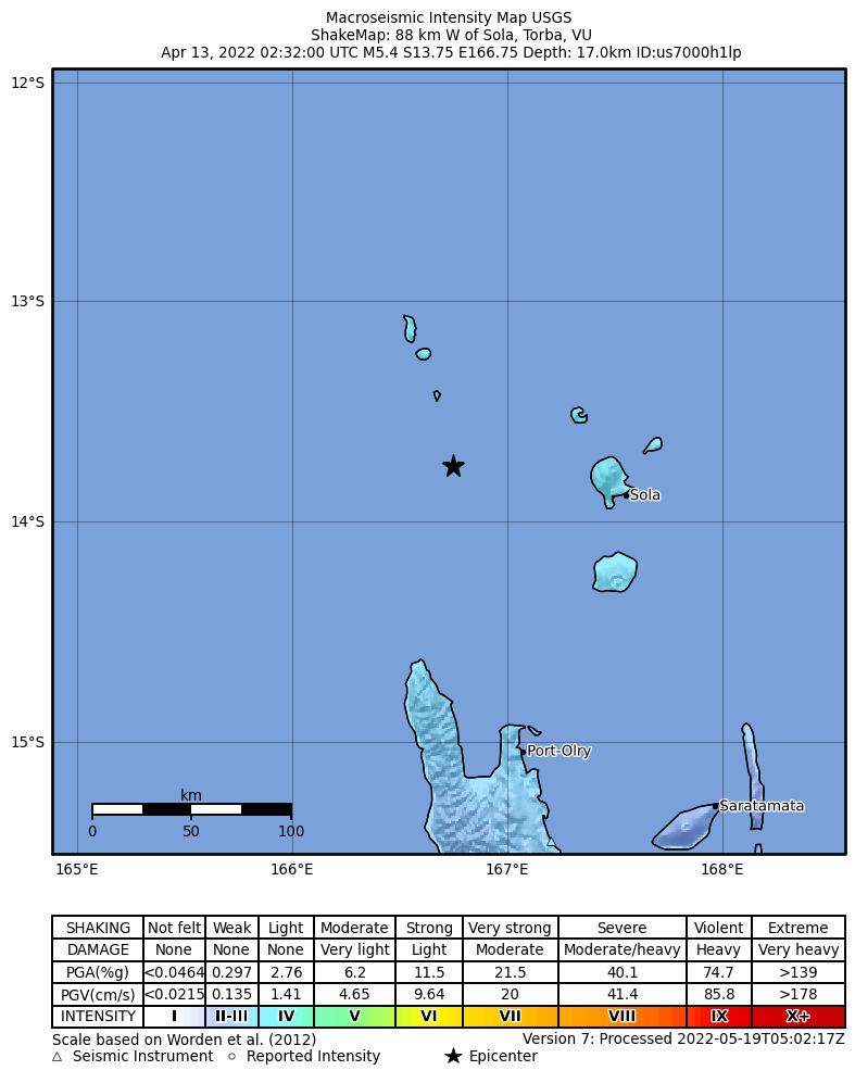 USGS ShakeMap intensity contours for the M5.4 earthquake near 88 km W of Sola, Vanuatu