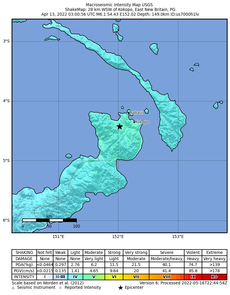 USGS ShakeMap intensity contours for the M6.1 earthquake near 28 km WSW of Kokopo, Papua New Guinea