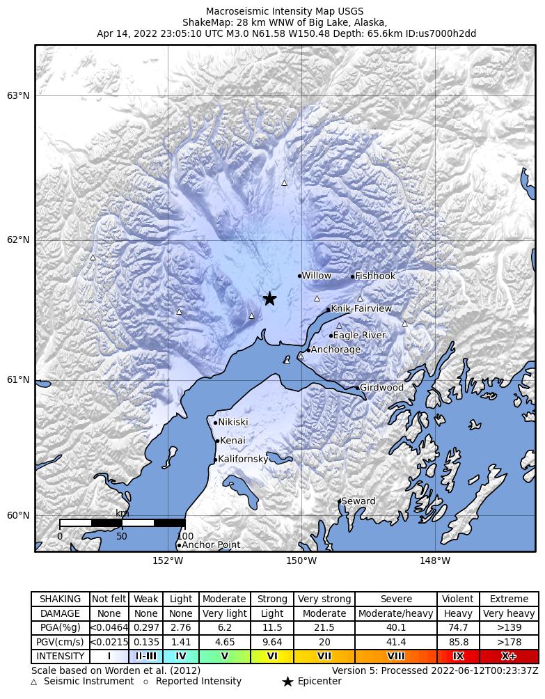 USGS ShakeMap intensity contours for the M2.9 earthquake near 5 km NNE of Susitna, Alaska