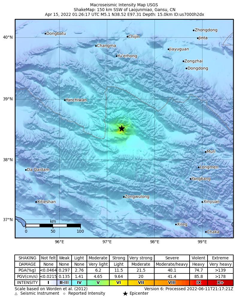 USGS ShakeMap intensity contours for the M5.1 earthquake near 150 km SSW of Laojunmiao, China