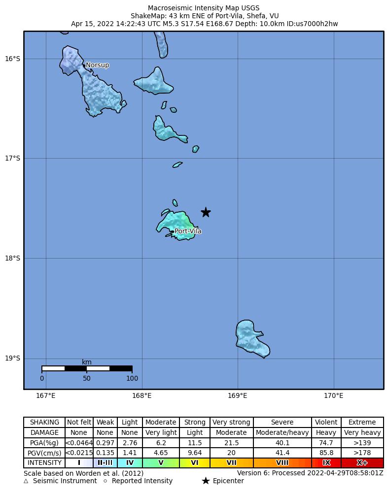 USGS ShakeMap intensity contours for the M5.3 earthquake near 43 km ENE of Port-Vila, Vanuatu