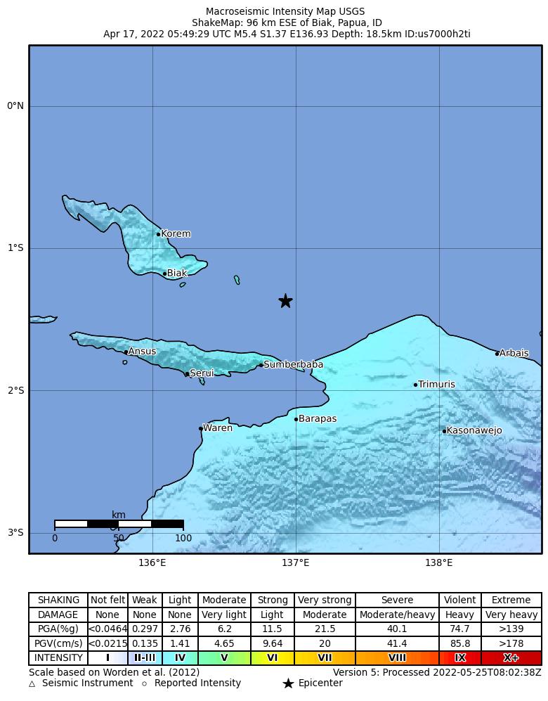 USGS ShakeMap intensity contours for the M5.4 earthquake near 96 km ESE of Biak, Indonesia