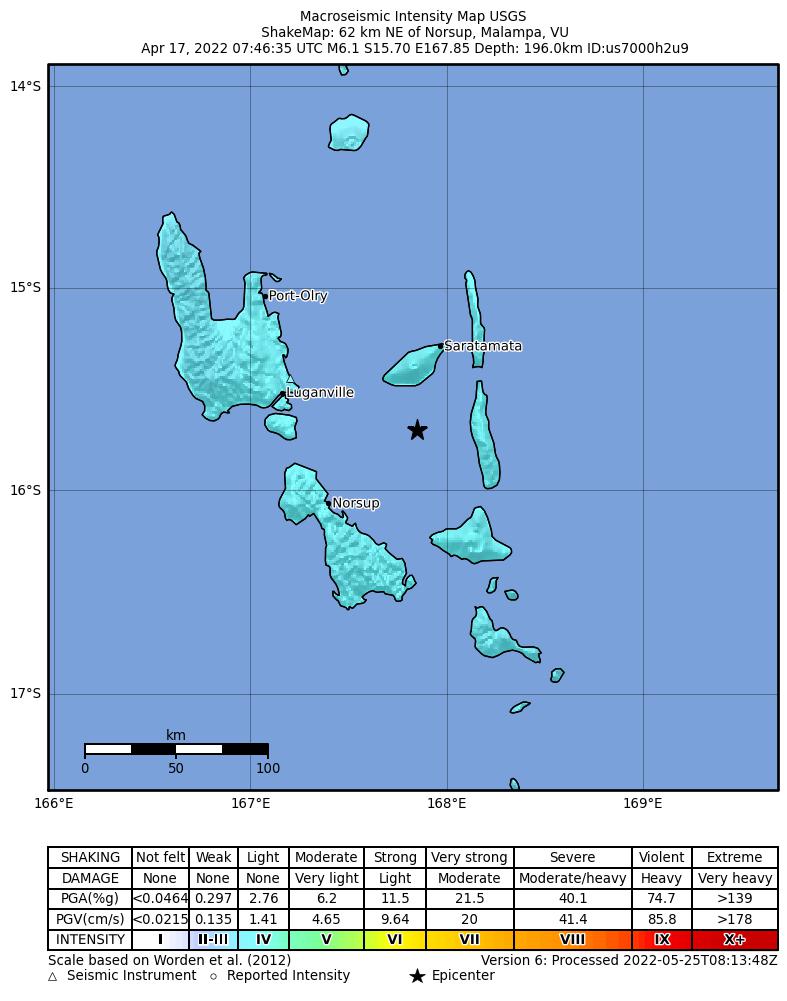 USGS ShakeMap intensity contours for the M6.1 earthquake near Vanuatu