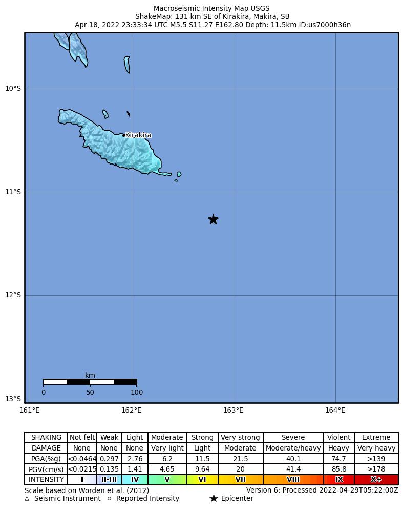 USGS ShakeMap intensity contours for the M5.5 earthquake near 131 km SE of Kirakira, Solomon Islands