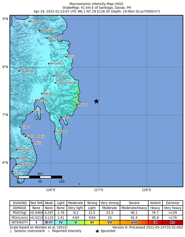 USGS ShakeMap intensity contours for the M6.1 earthquake near 41 km E of Santiago, Philippines