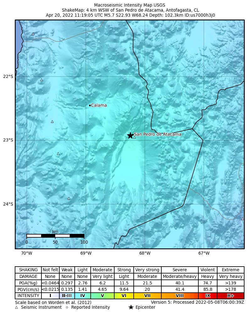 USGS ShakeMap intensity contours for the M5.7 earthquake near 4 km WSW of San Pedro de Atacama, Chile