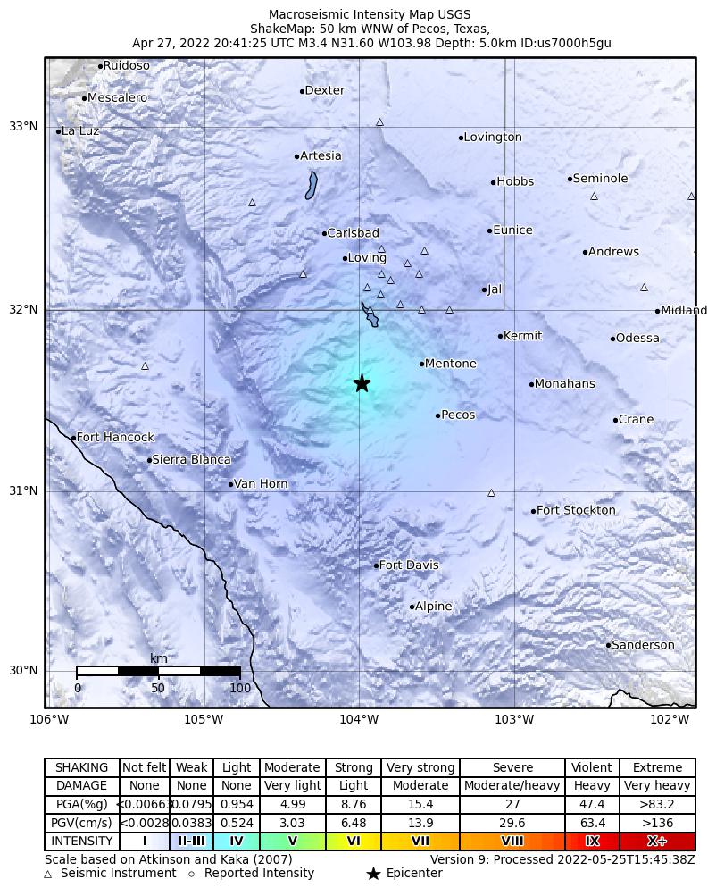 USGS ShakeMap intensity contours for the M3.6 earthquake near 37 km NNW of Toyah, Texas