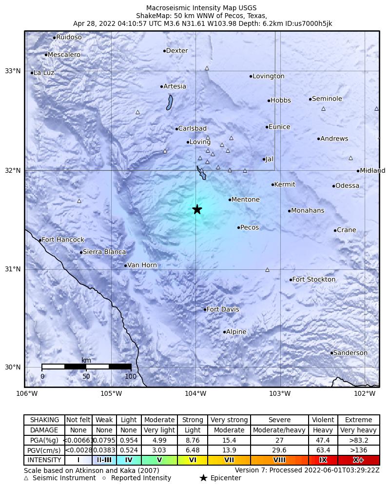 USGS ShakeMap: estimated shaking intensity around the epicenter