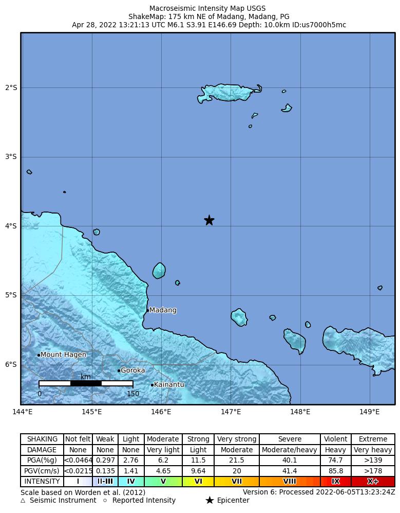 USGS ShakeMap intensity contours for the M6.1 earthquake near 175 km NE of Madang, Papua New Guinea