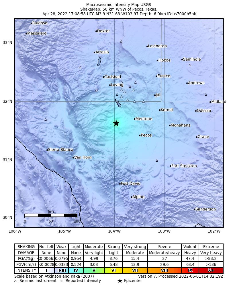 USGS ShakeMap intensity contours for the M4.0 earthquake near 36 km WSW of Mentone, Texas