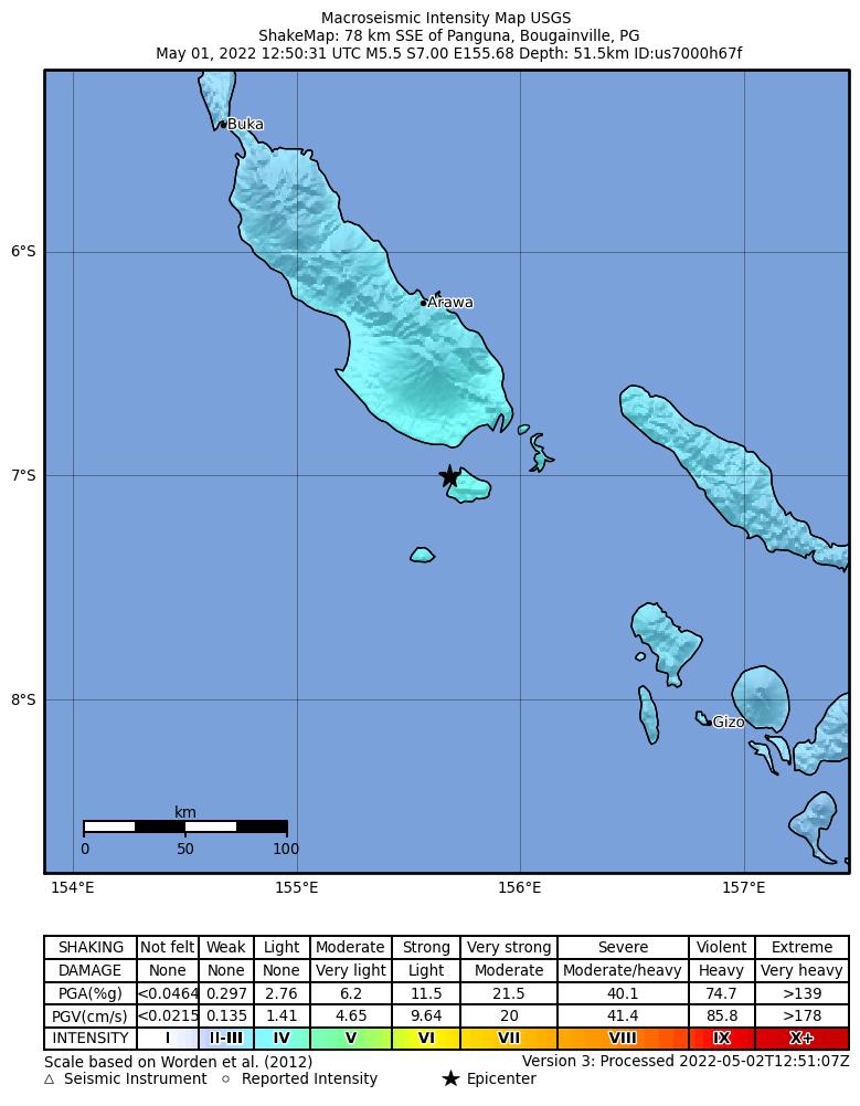 USGS ShakeMap intensity contours for the M5.5 earthquake near 81 km SSE of Panguna, Papua New Guinea