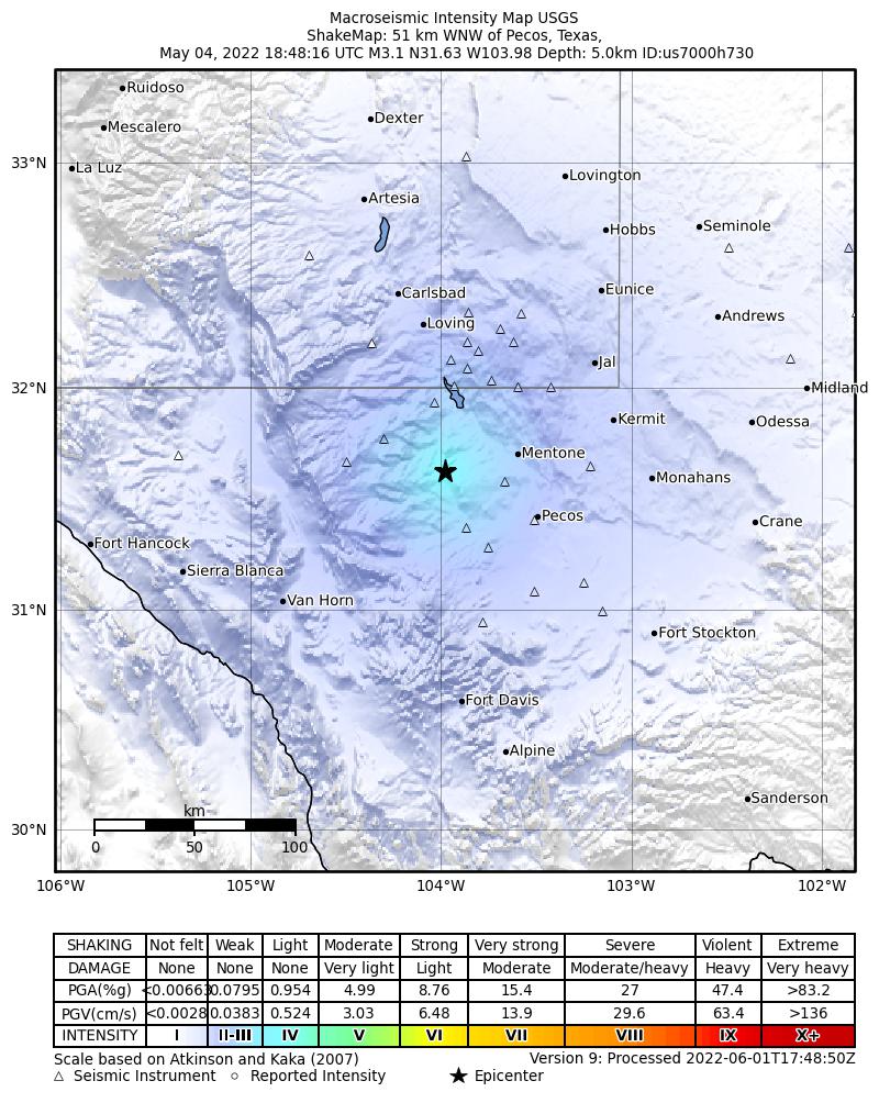 USGS ShakeMap intensity contours for the M3.2 earthquake near 36 km NNW of Toyah, Texas