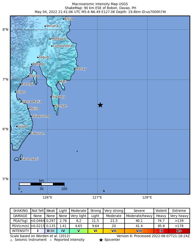 USGS ShakeMap intensity contours for the M5.6 earthquake near 90 km ESE of Bobon, Philippines