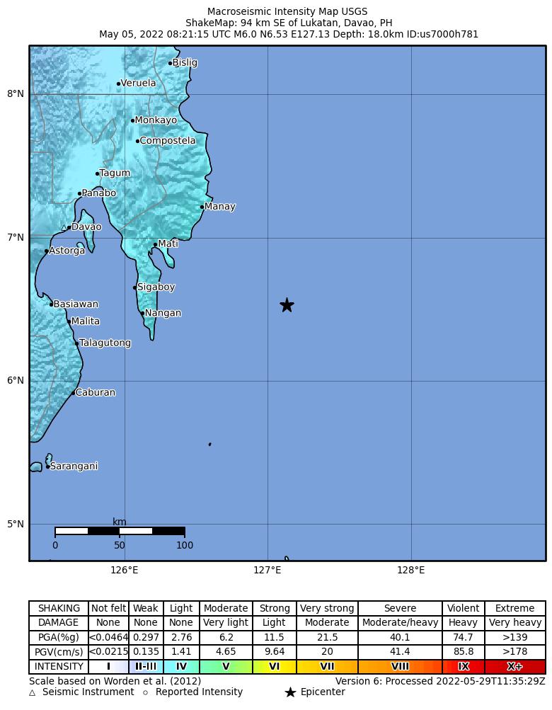 USGS ShakeMap intensity contours for the M6.0 earthquake near 94 km SE of Lukatan, Philippines