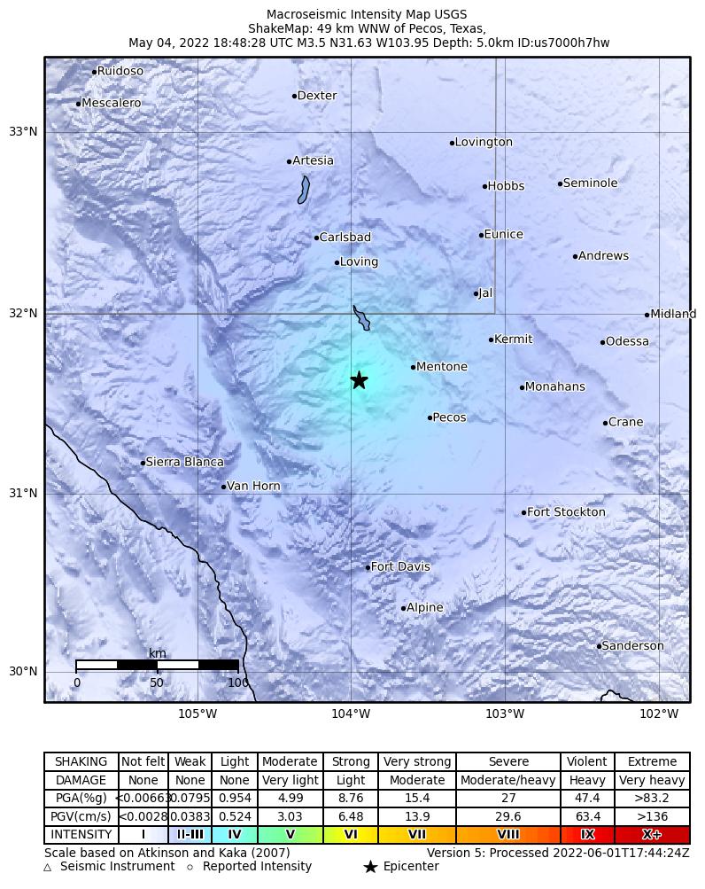 USGS ShakeMap intensity contours for the M3.5 earthquake near 36 km WSW of Mentone, Texas