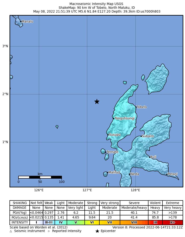 USGS ShakeMap intensity contours for the M5.6 earthquake near 90 km W of Tobelo, Indonesia