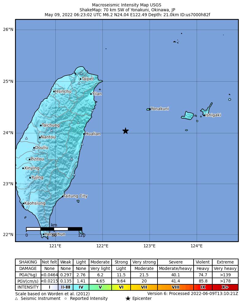 USGS ShakeMap intensity contours for the M6.2 earthquake near 70 km SW of Yonakuni, Japan