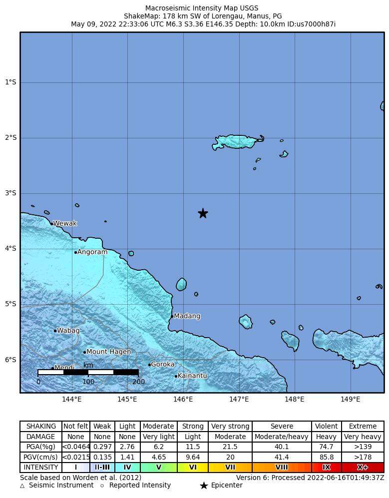 USGS ShakeMap intensity contours for the M6.3 earthquake near 178 km SW of Lorengau, Papua New Guinea