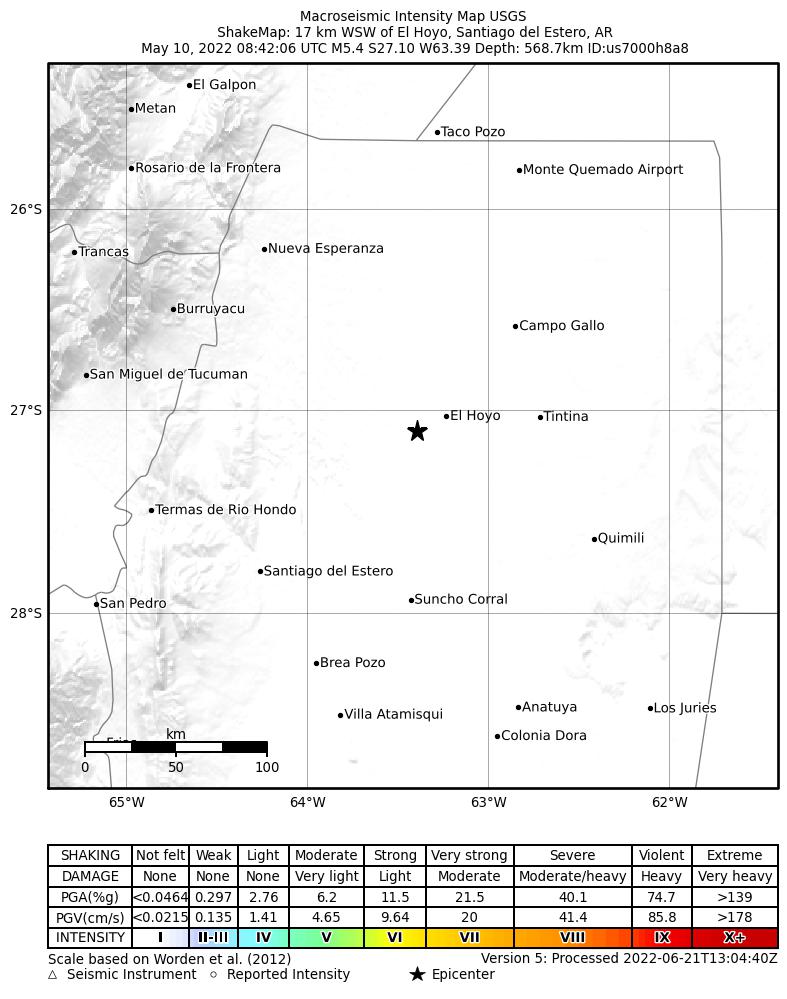 USGS ShakeMap intensity contours for the M5.4 earthquake near 17 km WSW of El Hoyo, Argentina