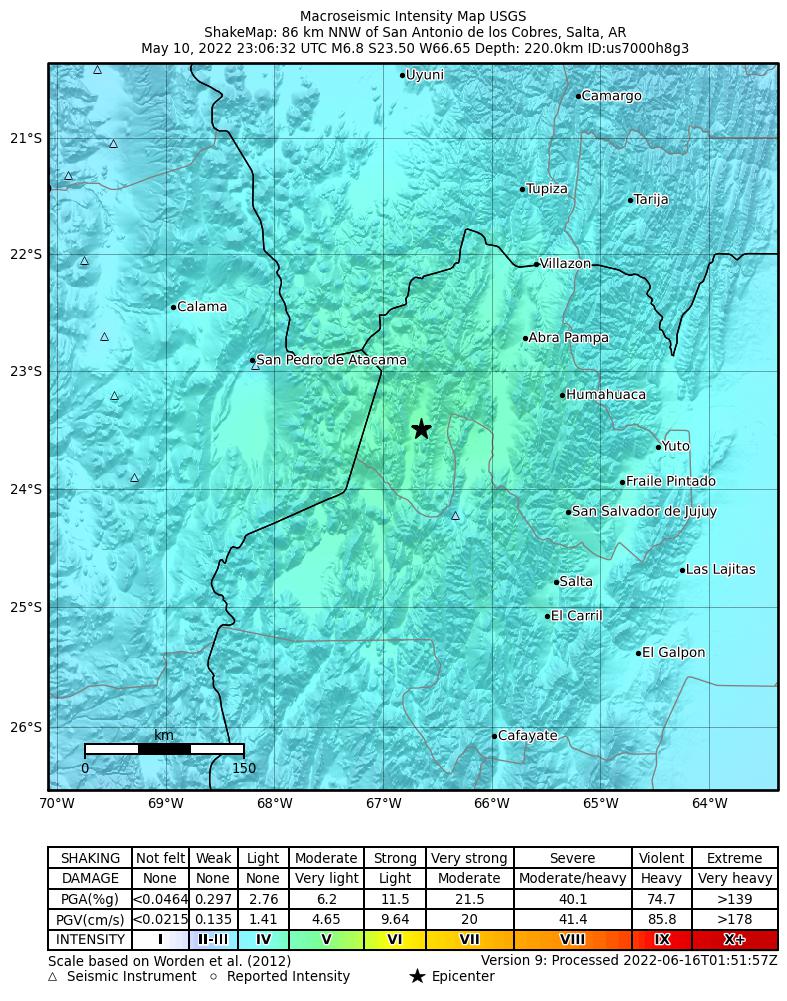 USGS ShakeMap intensity contours for the M6.8 earthquake near 86 km NNW of San Antonio de los Cobres, Argentina