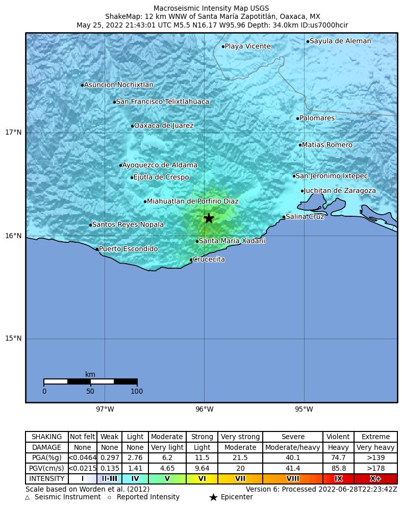 USGS ShakeMap intensity contours for the M5.5 earthquake near 12 km WNW of Santa María Zapotitlán, Mexico
