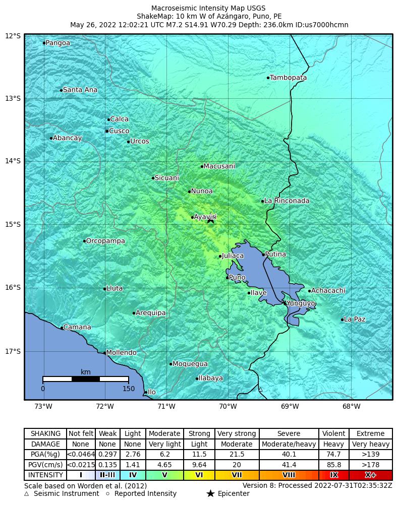 USGS ShakeMap intensity contours for the M7.2 earthquake near 10 km W of Azángaro, Peru