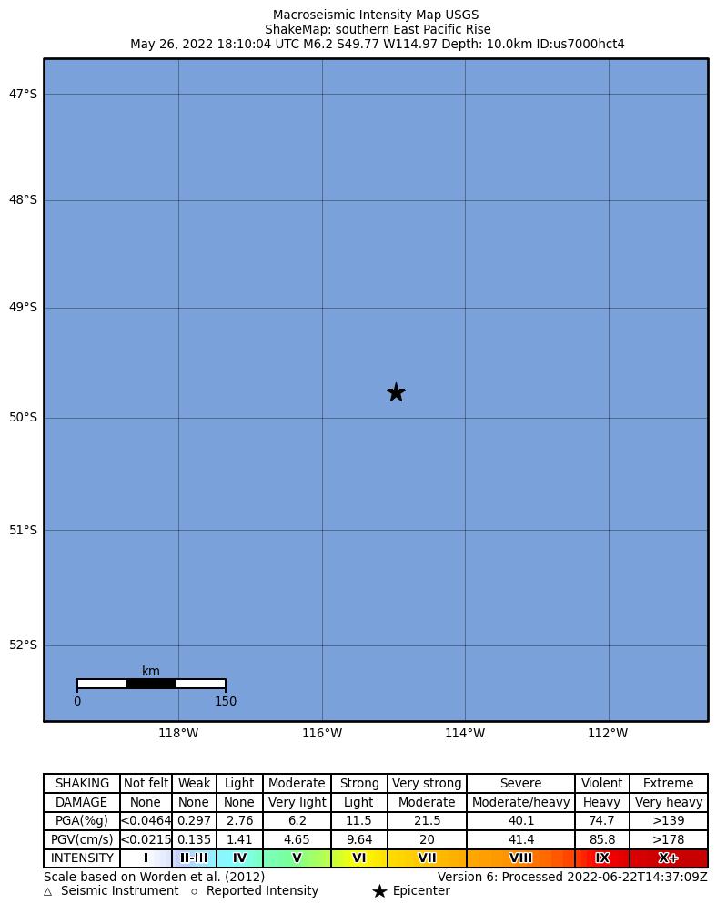 USGS ShakeMap intensity contours for the M6.2 earthquake near southern East Pacific Rise