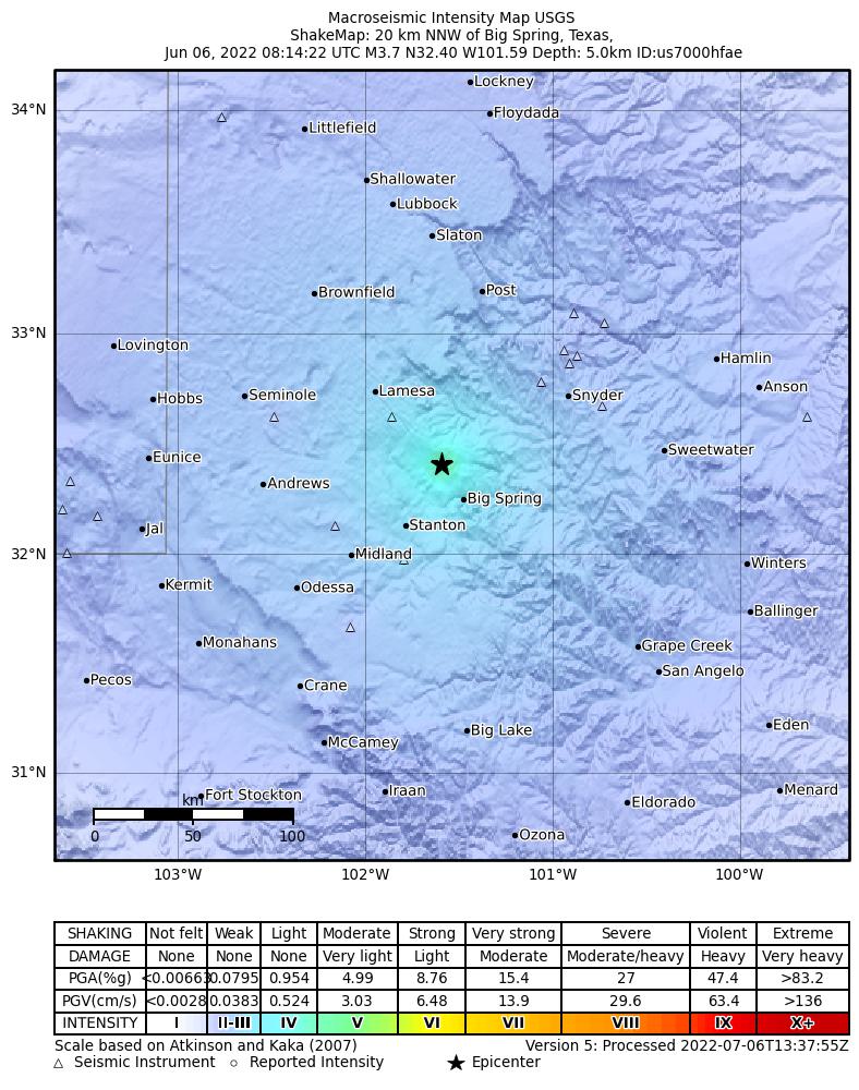 USGS ShakeMap: estimated shaking intensity around the epicenter