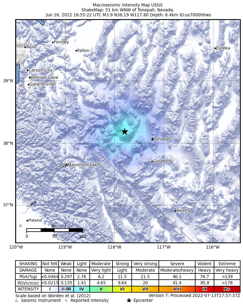 USGS ShakeMap: estimated shaking intensity around the epicenter
